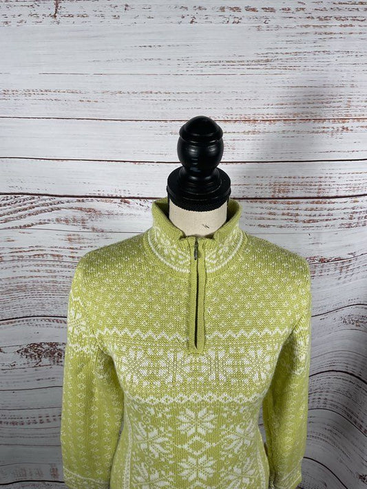 Obermeyer Women's Quarter Zip Nordic Pattern Lime Green Sweater Size S