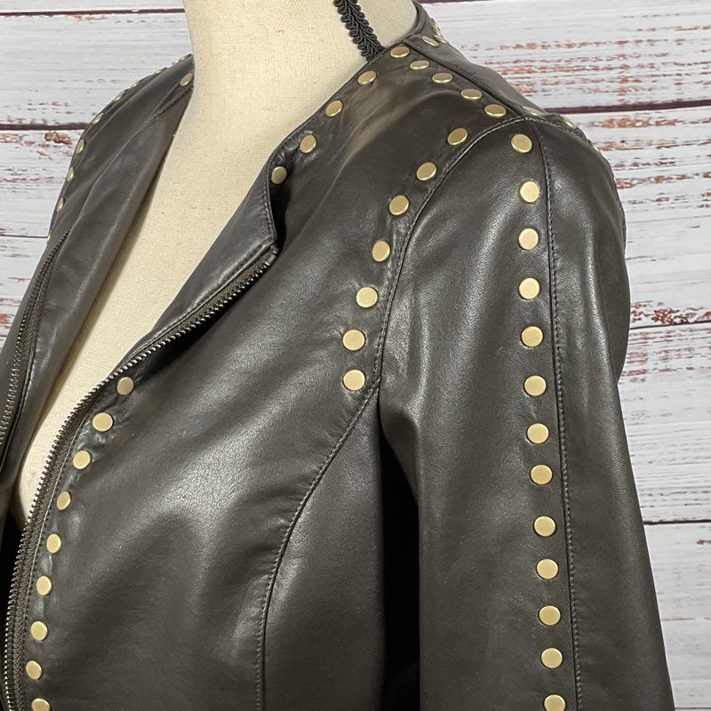 WORTH Women's Brown Faux Leather Studded Zip Up Jacket- XP