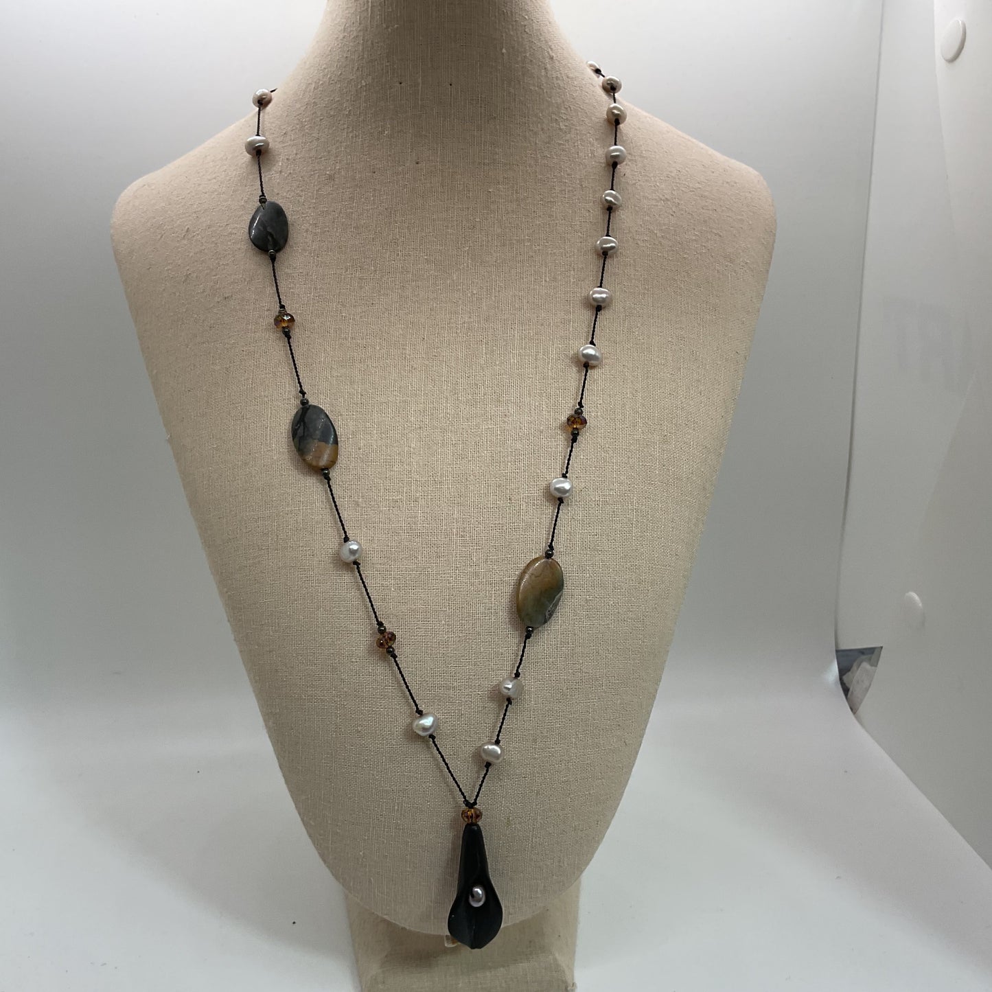 VTG. Sterling Silver Multi Gemstone & Pearl String Beaded Y-Necklace- 26"