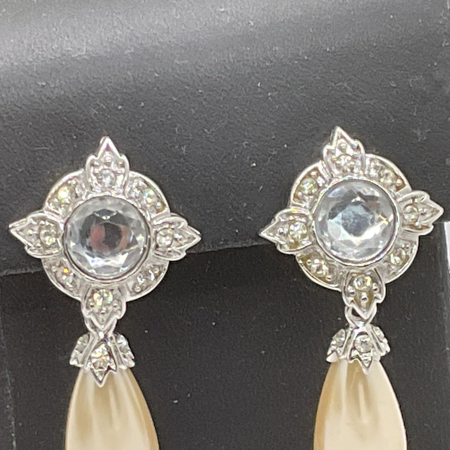 ALANA STEWART Silver Tone Faux Teardrop Pearl and Rhinestone Dangle Earrings