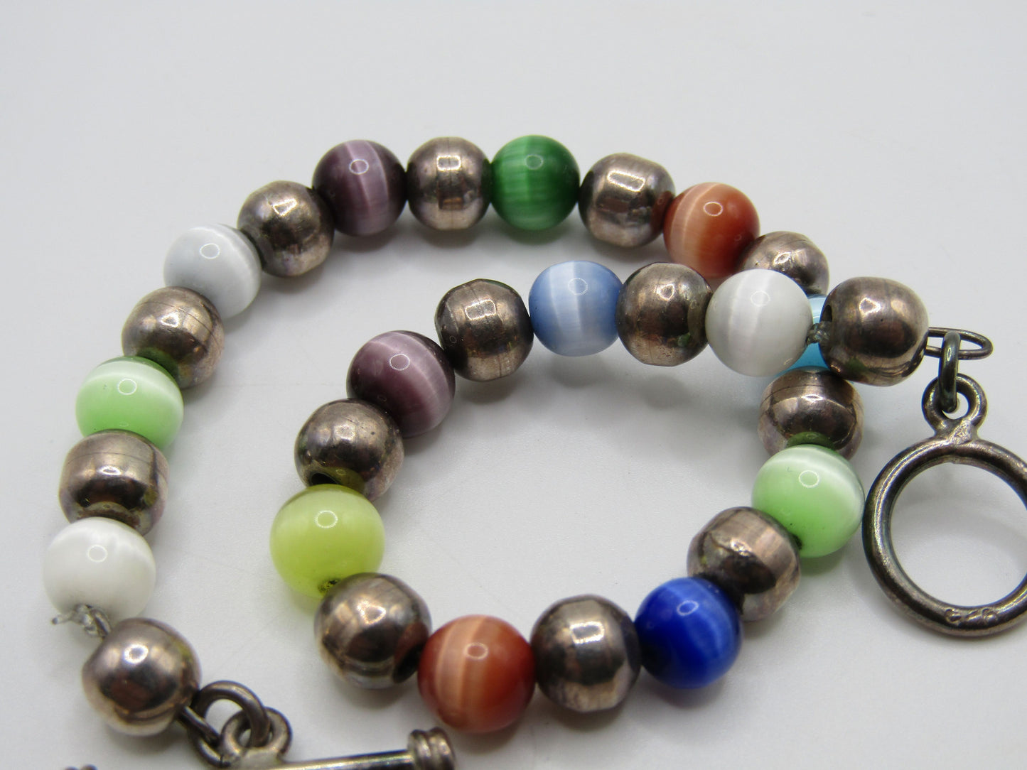 6 3/4" Sterling Silver 6mm Multi-Color Beaded Tiger's Eye Beaded Toggle Bracelet
