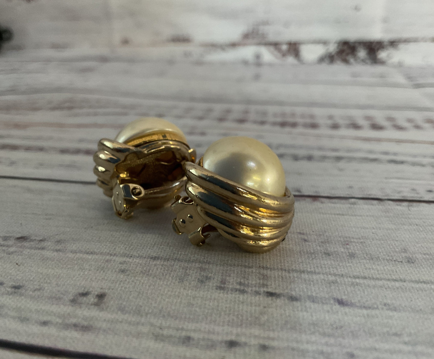 Vintage Panetta Gold Plated Faux Pearl Clip-On Earrings