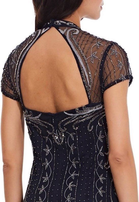 NWT Adrianna Papell Beaded Short Sleeve Gown in Midnight Blue Size 2 Retail $349