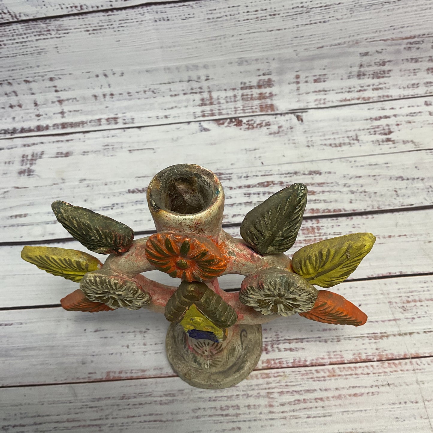 Mexican Folk Pottery Terracotta Candle Holder Tree of Life Flowers Leaves 6"