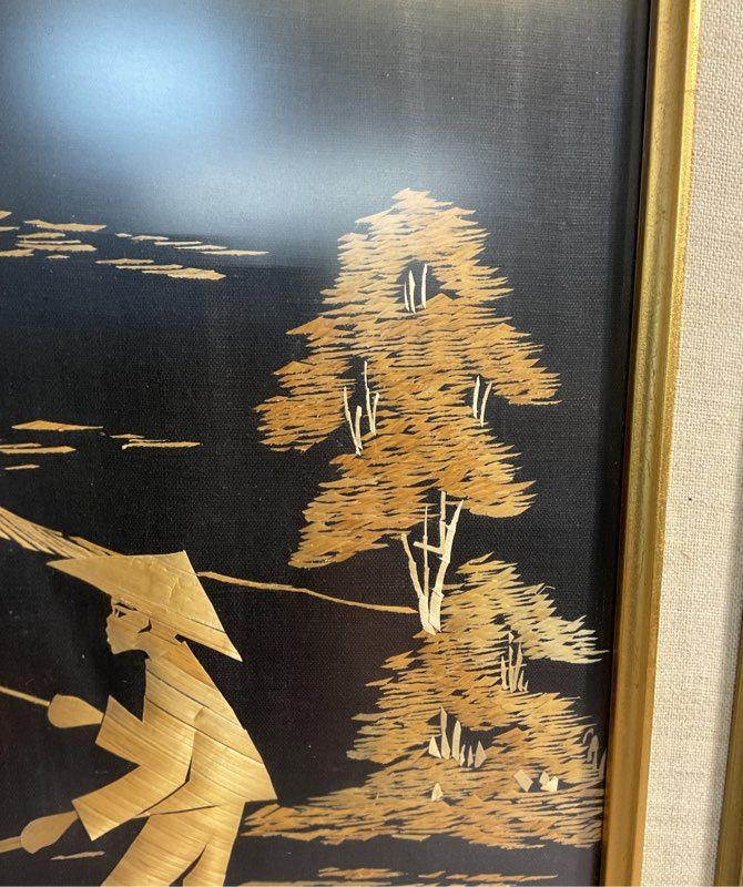 Vintage Straw Bamboo Farmer & Buffalo In Rice Fields Artwork Jakarta Indonesia
