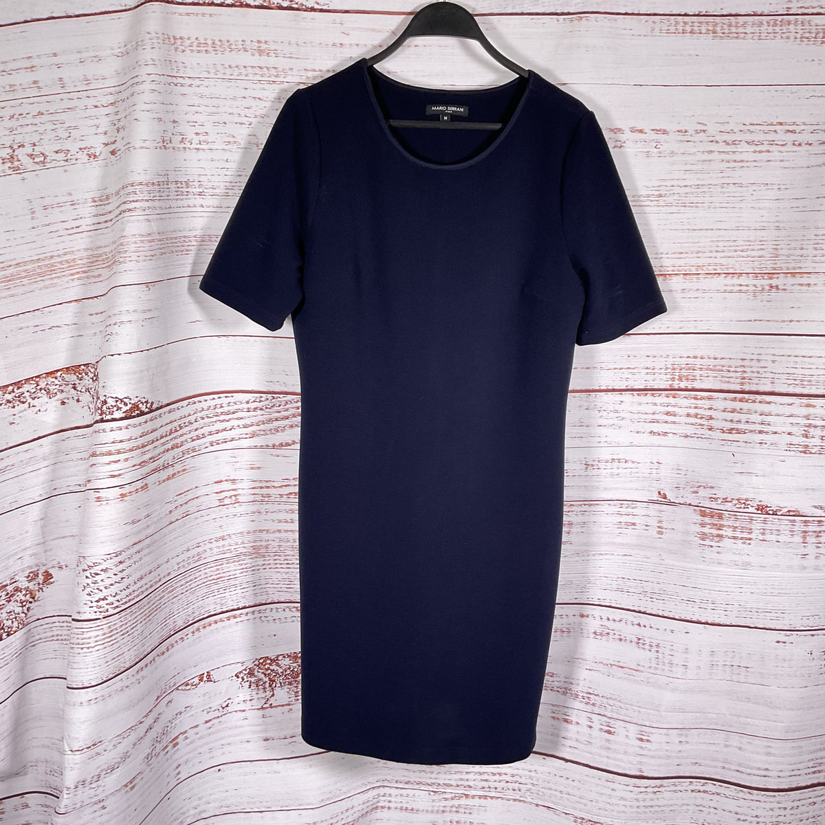 Mario Serrani Navy Blue Half-Sleeve Knee-Length Knit Shift Dress - Size M