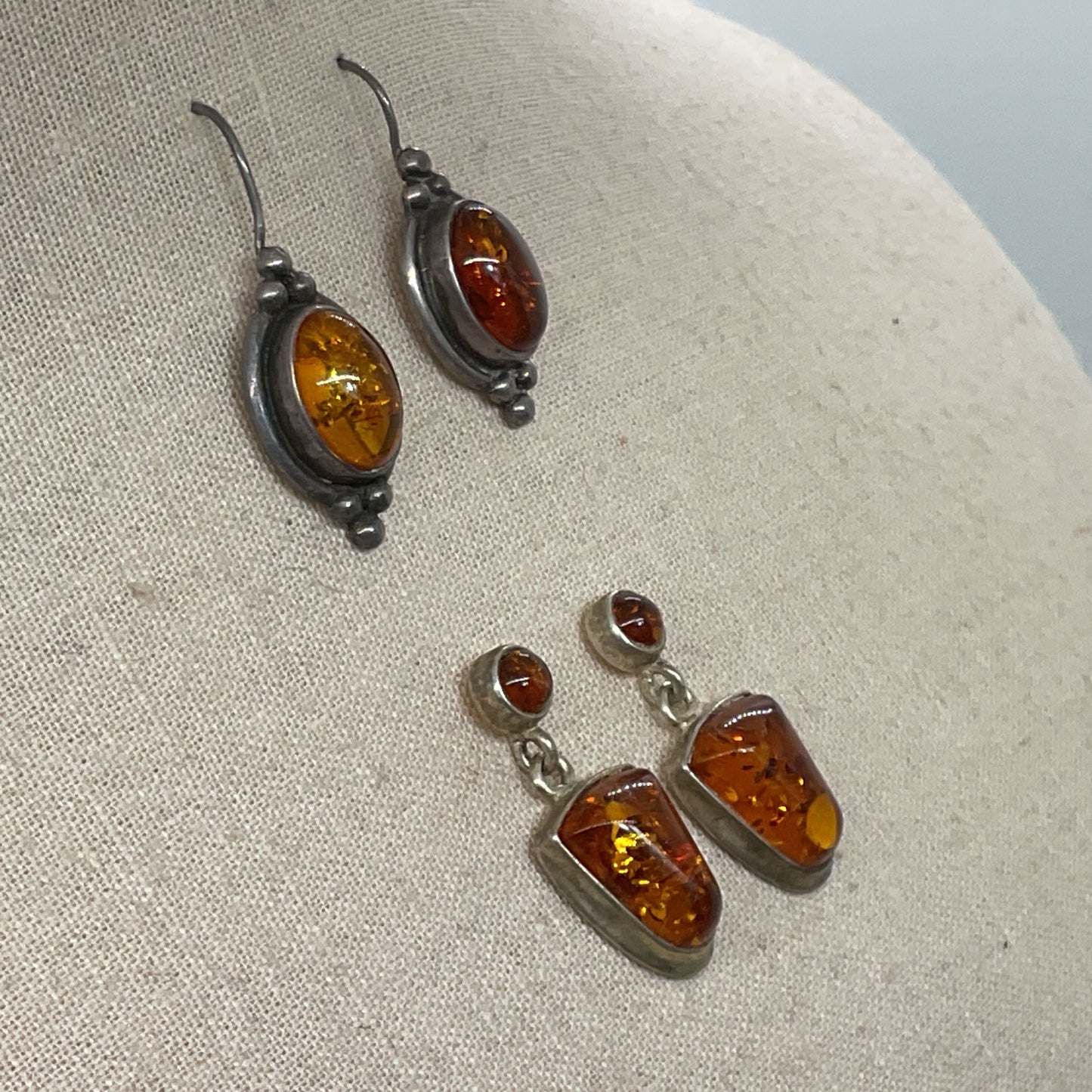 2 Pairs of Sterling Silver & Amber Dangle Earrings- 8.76g