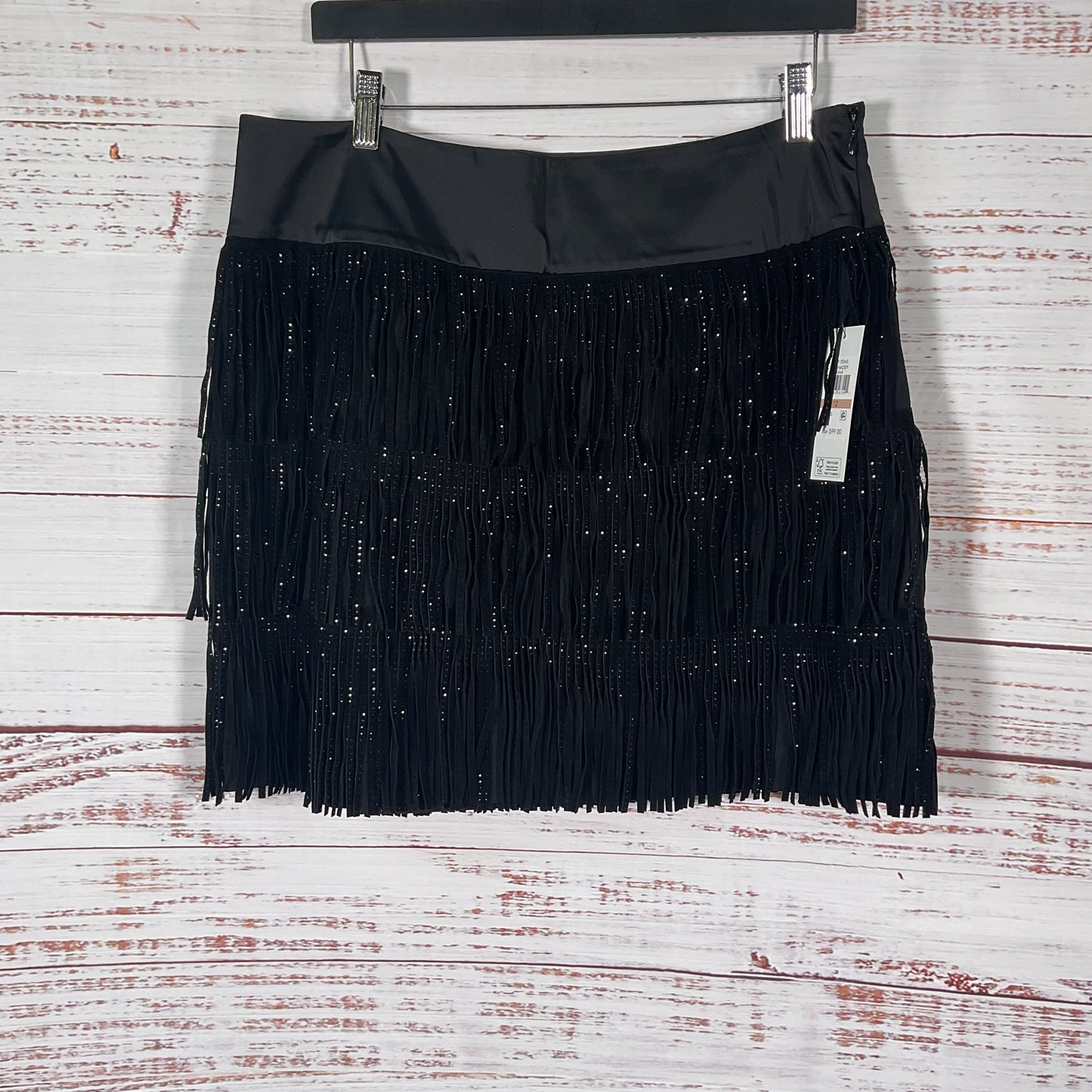 DKNY Black Rhinestone Studded Fringe Mini Skirt - Size 12 New