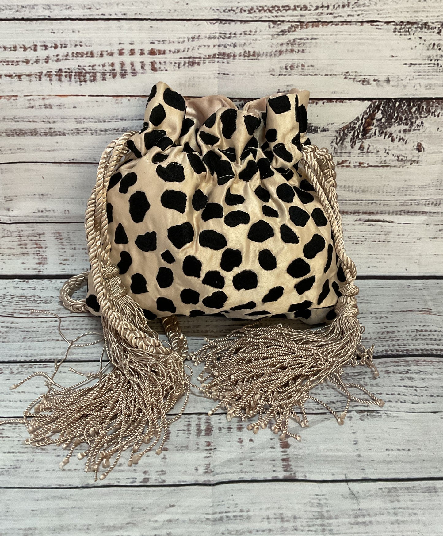 Rebecca De Ravenel Satin Drawstring Tassel Cheetah Print Shoulder Bag Multicolor