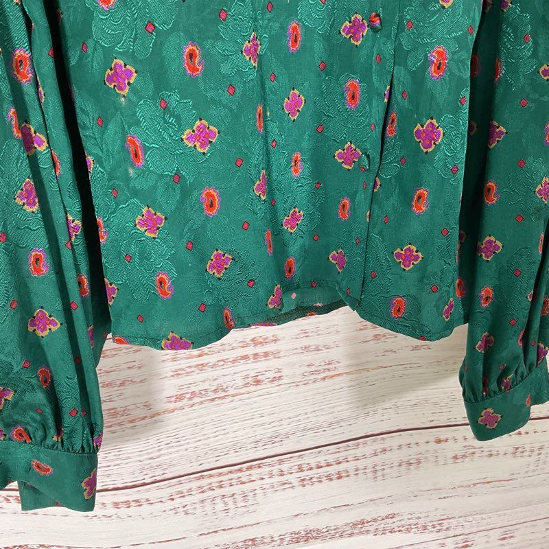 VTG. Oscar De La Renta Green Floral Cape Shoulder Silk Blouse Blouse - Size 10