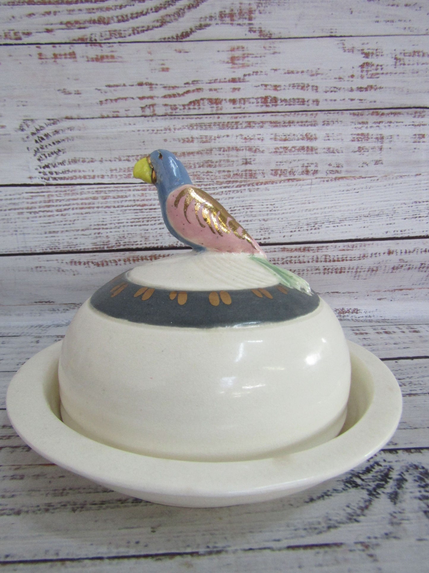 Vintage Artist Signed Handcrafted Parrot Motif Covered Butter / Cheese Plate
