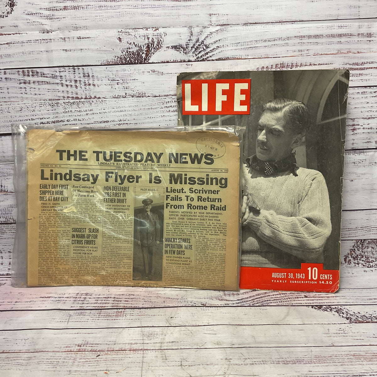 Lindsay Tulare County Newspaper Missing Pilot Life Magazine August 1943 WW2
