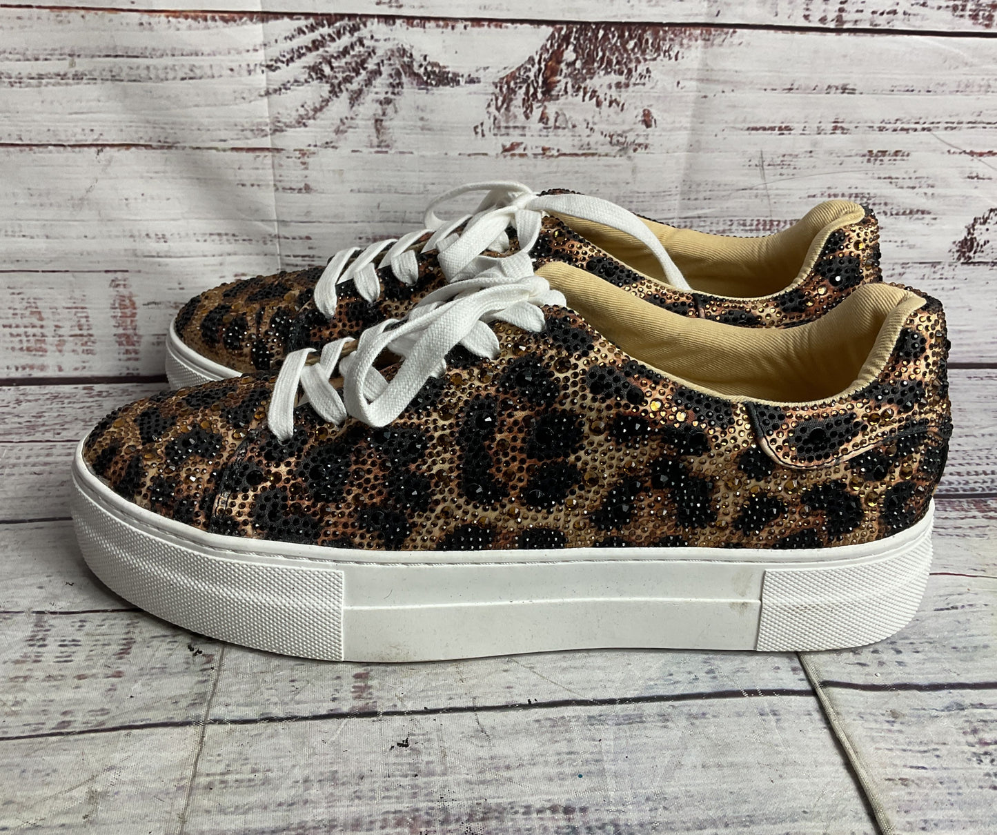 Betsey Johnson Suton Highwall Bling Platform Sneaker Tan Black Leopard Print 9