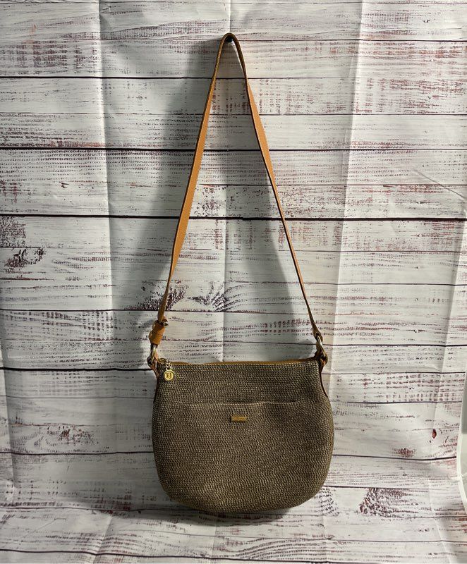 Eric Javits Women's Straw Woven Squishee Leather Strap Crossbody Bag