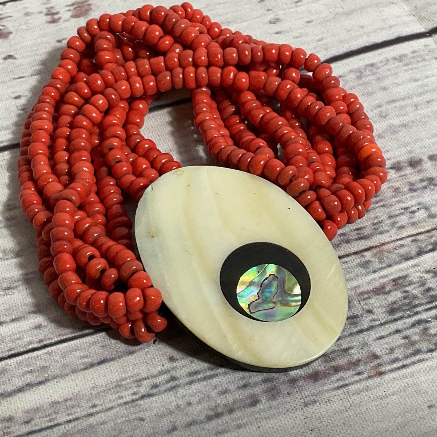 VTG. Red Coral MOP & Abalone Multi Strand Stretch Bracelet