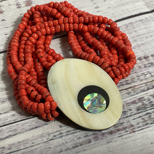 VTG. Red Coral MOP & Abalone Multi Strand Stretch Bracelet
