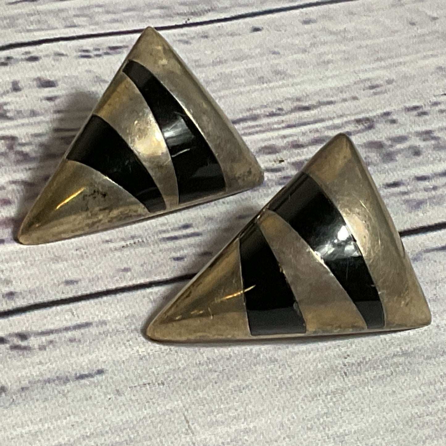 VTG. BAYANIHAN Sterling Silver & Onyx Triangle 1.25" Earrings- 11.71g