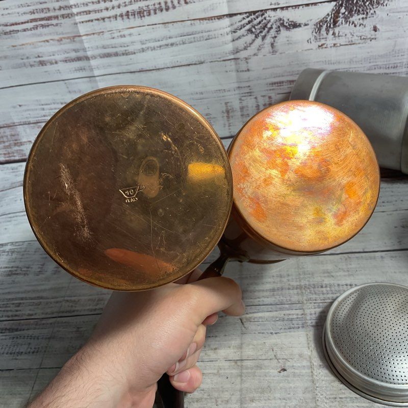 Set Of 2 Vintage Copper Muffineer Powder Sugar Shaker Italian Wood Handle