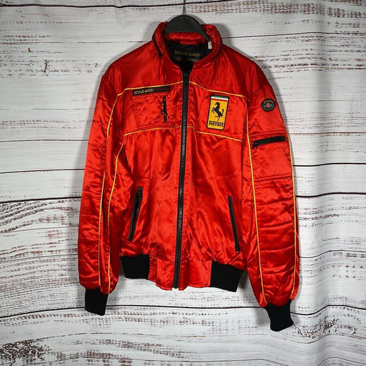VTG. Style Auto Competition Red Nylon Ferrari Racing Jacket w/ Hood Size M