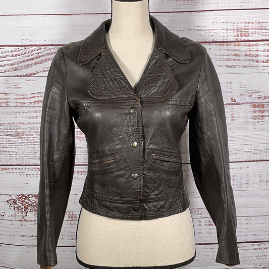 ROBERT GRAHAM Women's Brown Crop Fitted Leather Jacket- SEE MEASUREMENTS