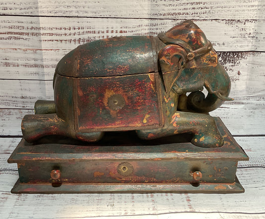 Vintage Handcrafted Wooden Elephant Trinket Box Multicolor
