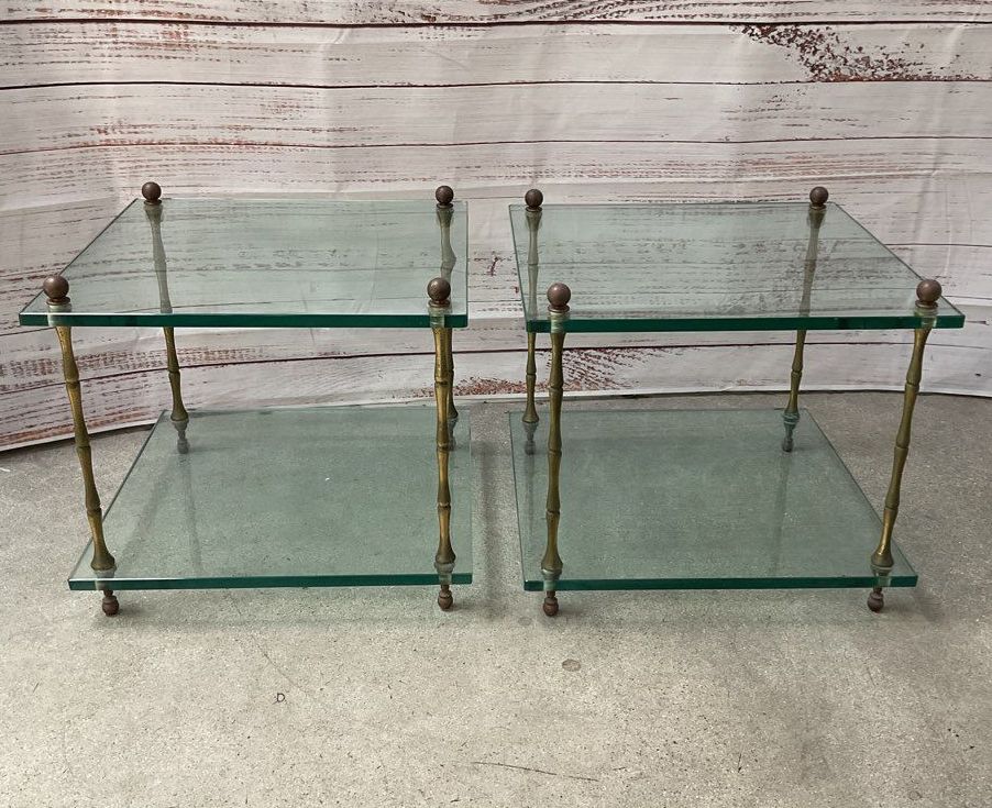 Vintage Baker Style Hollywood Regency Square Bamboo Brass Set of 2 Tables Glass