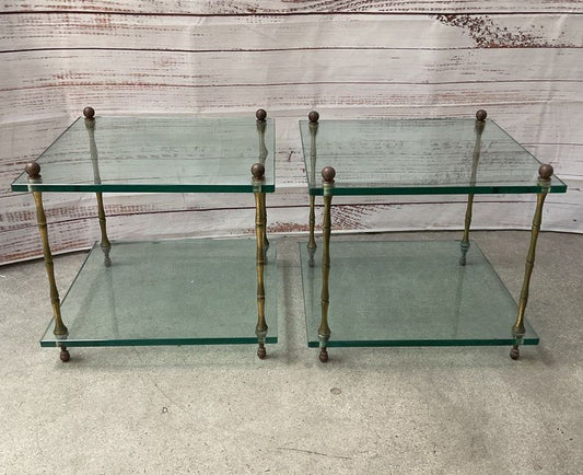 Vintage Baker Style Hollywood Regency Square Bamboo Brass Set of 2 Tables Glass