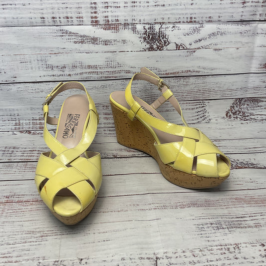 Ferragamo Yellow Patent Leather Peep Toe Wedge Heel Women Size 9.5