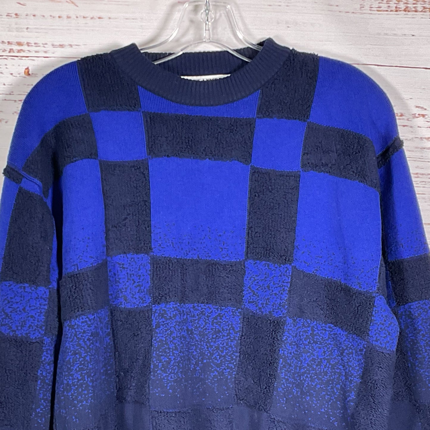 PERCIVAL Men's Blue Color Block Checkered Crew Sweater- SZ M