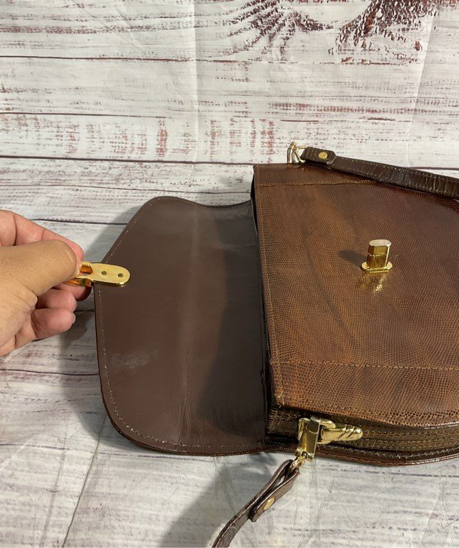 Vintage Brown Snake Embossed Leather Front Flap Shoulder Bag Women's