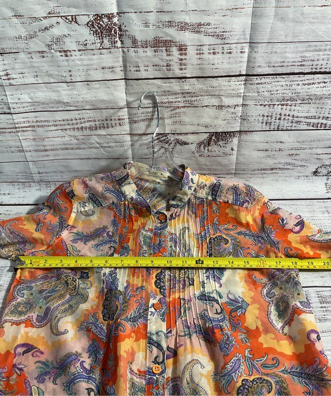 ETRO Women's Multicolor Paisley Pattern Orange Button Up Blouse Silk Size 40