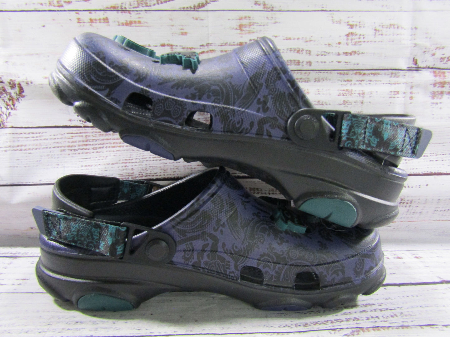 Crocs Haunted Mansion Wallpaper Black & Purple Slip-On Sandals Women's Size 9