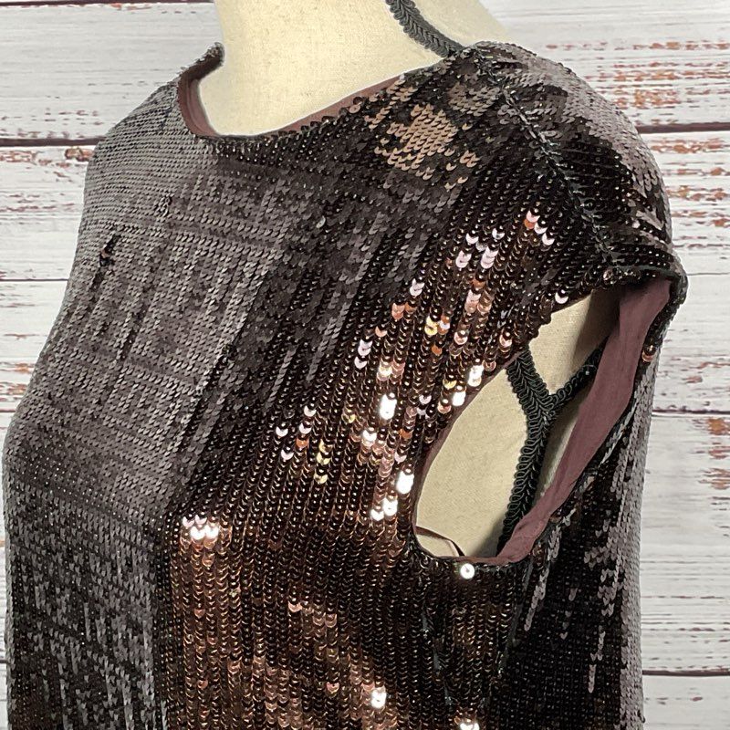 NWT MAEVE for ANTHROPOLOGIE Women's Brown Sequin Short Side Slit Dress- SZ XS