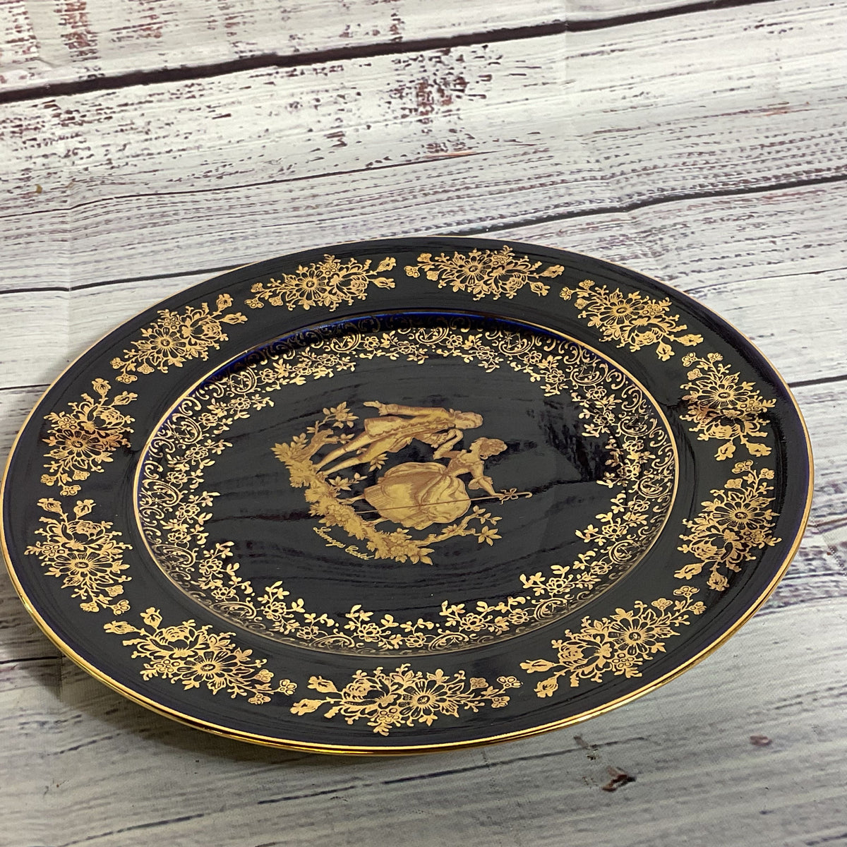 VTG LIMOGES Castel France Cobalt Blue Gold Gilt Courting Scene Bread Plate- 7.5"