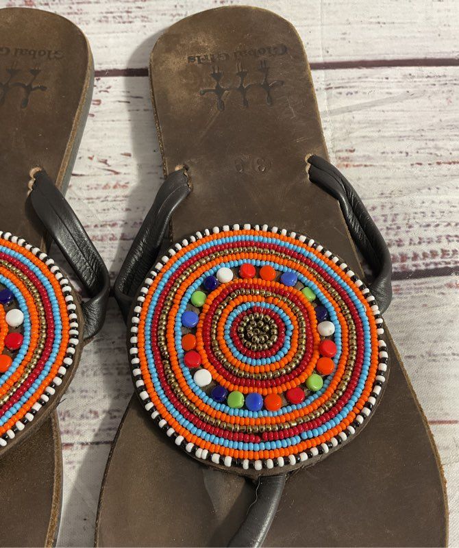 Global Girls Women's Dark Brown Leather Beaded Masia Macho Sandals Size 39