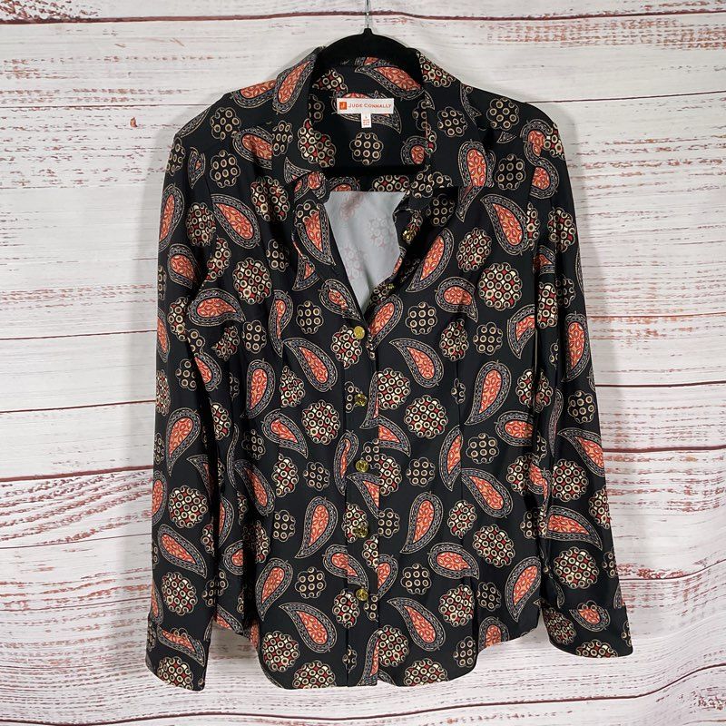 Jude Connally Black & Red Paisley Spandex Blend Button Up Blouse - Size L
