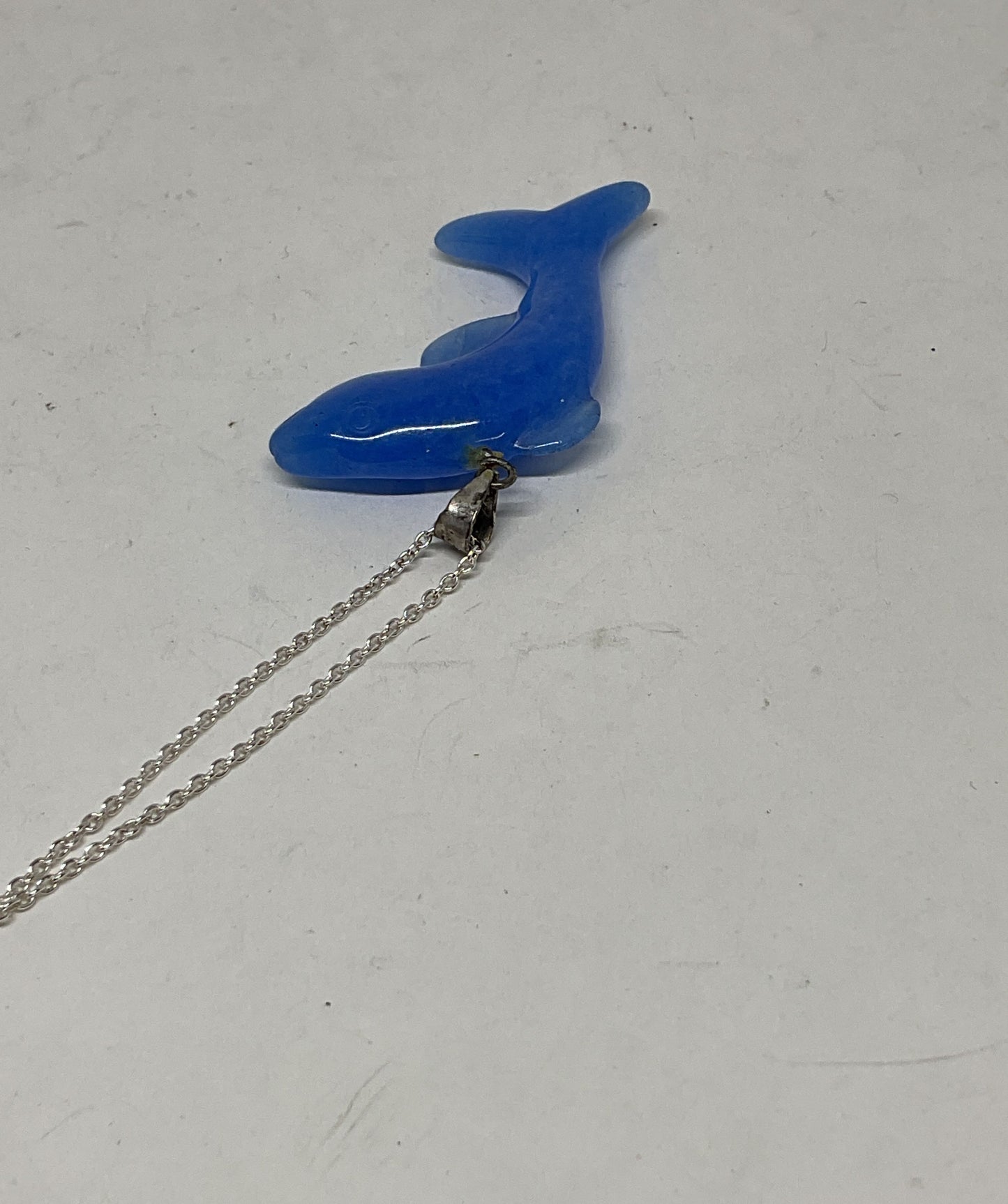 Blue Jade Dolphin Pendant Sterling Silver Chain Necklace