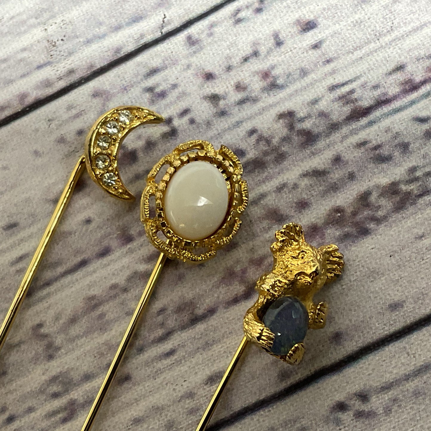 Set of 3 VTG. Gold Tone Bear, Moon, Cabochon Stick Pins