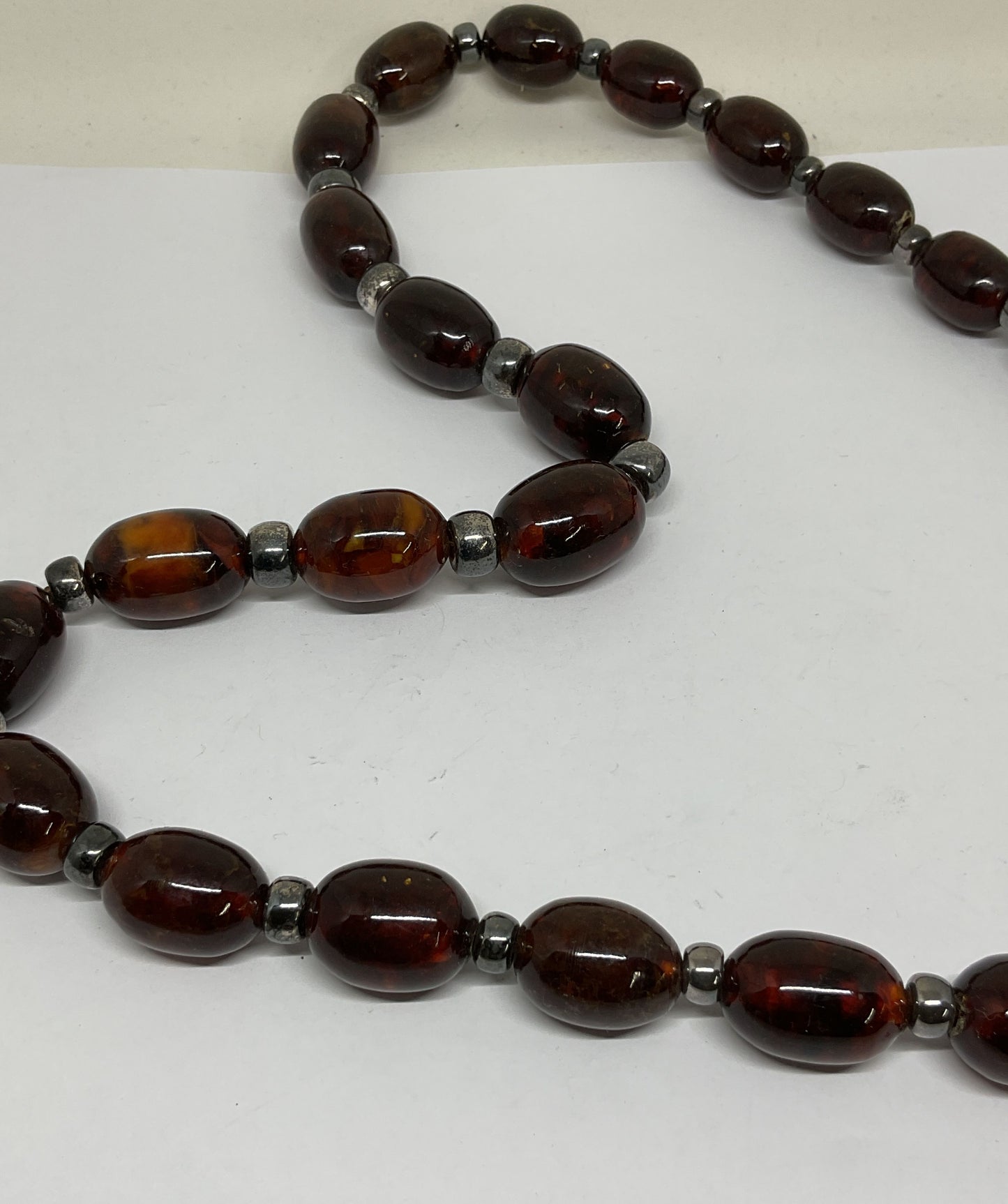 Amber & Silver Beads Vintage Necklace 27"