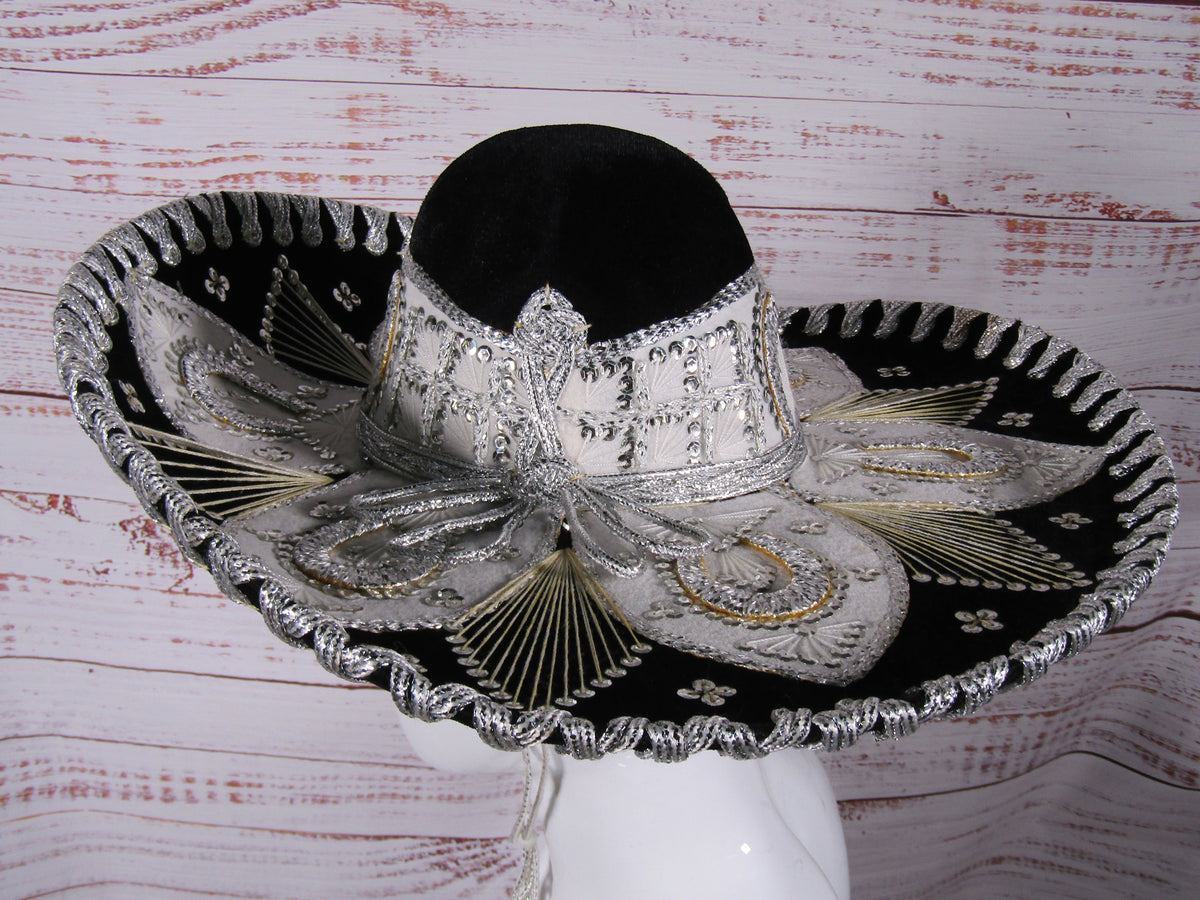 Ju-La Men's Black & Silver Ornate Charro Sombrero Hat Size S