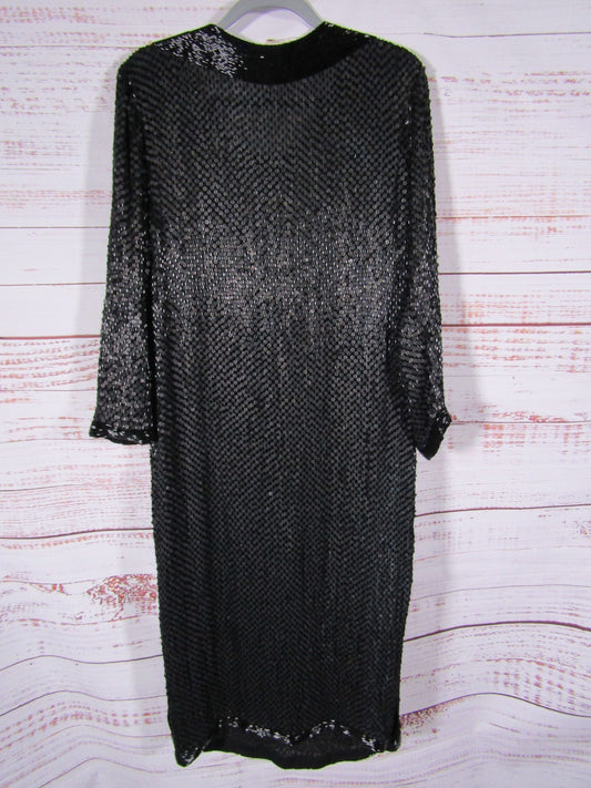 Vintage Frank Usher Women's Black Sequin Floral Silk Gown Dress Size M