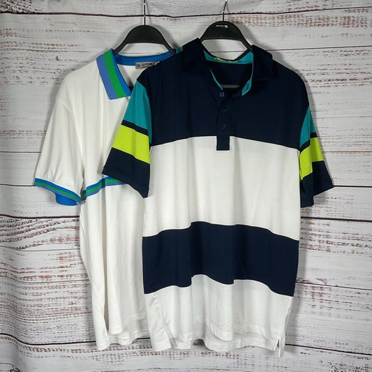 Lot of 2 G/Fore White, Blue, & Green Striped/Color Block Polo Shirts - Size L