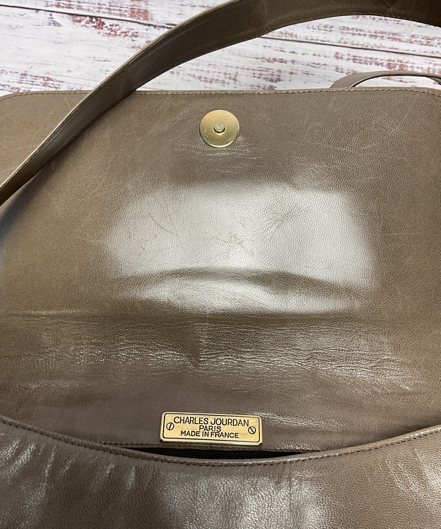 Charles Jourdan Taupe Leather Flap Shoulder Bag Purse 10"x7"x2.5"