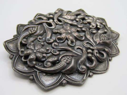 Vintage Silver Plated Floral Art Nouveau Style Brooch Pin