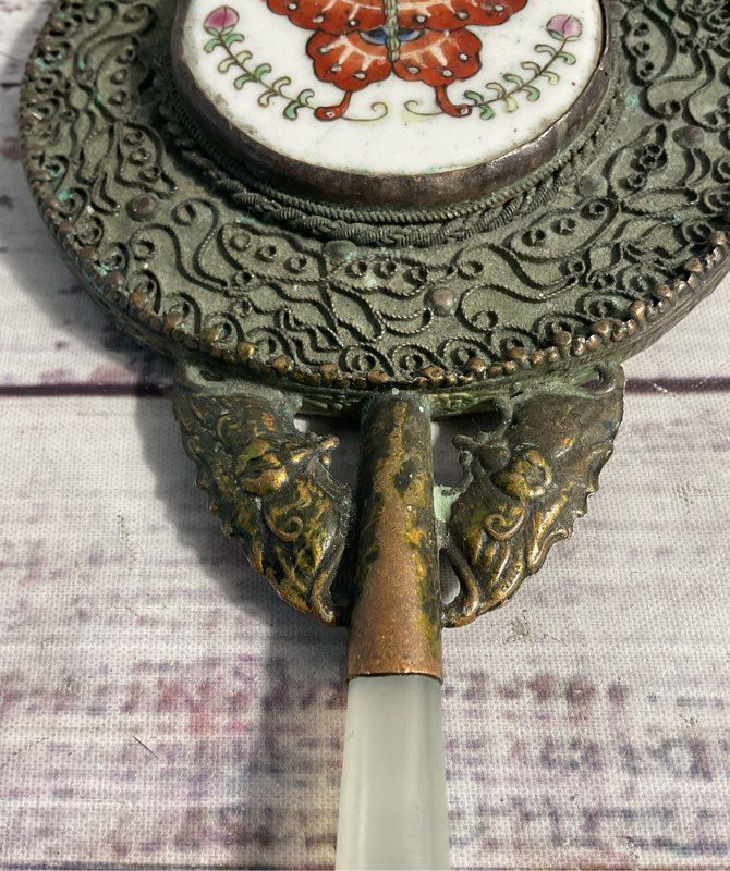 Chinese Jade Handle Mirror Hand Painted Porcelain Butterfly Vanity Export Box