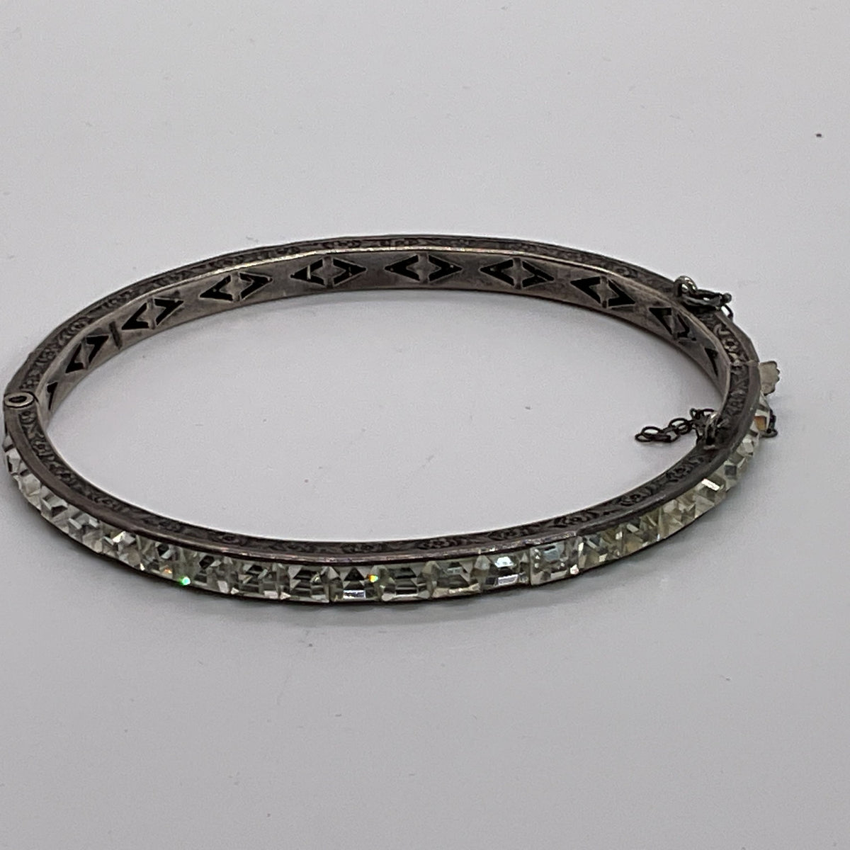 VTG. Sterling Silver & Rhinestone 6.75" Bangle Bracelet- 11.39g