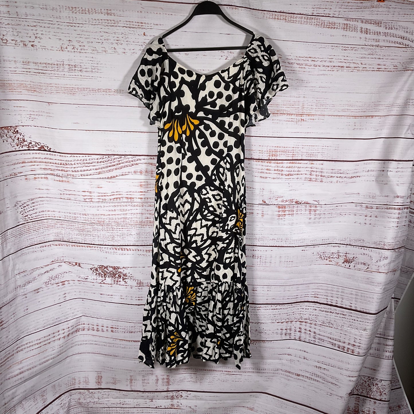 Farm Rio For Anthropologie Black White Flutter Sleeve Maxi Dress Size XS Petite