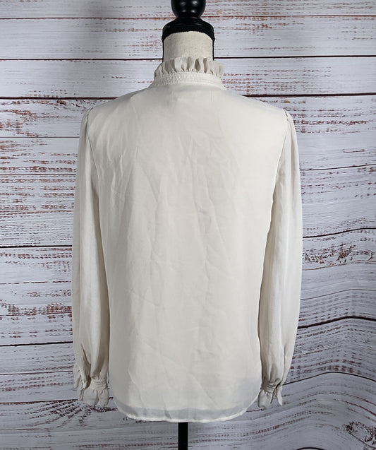 Carmen Marc Valvo Ruffle Button Blouse Tranquil Taupe S