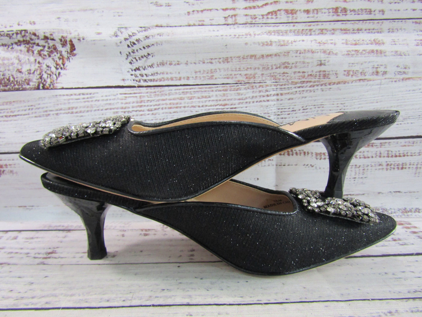Neiman Marcus Women's Black Glitter Embellished Kitten Heel Mule Sandals Sz 5.5