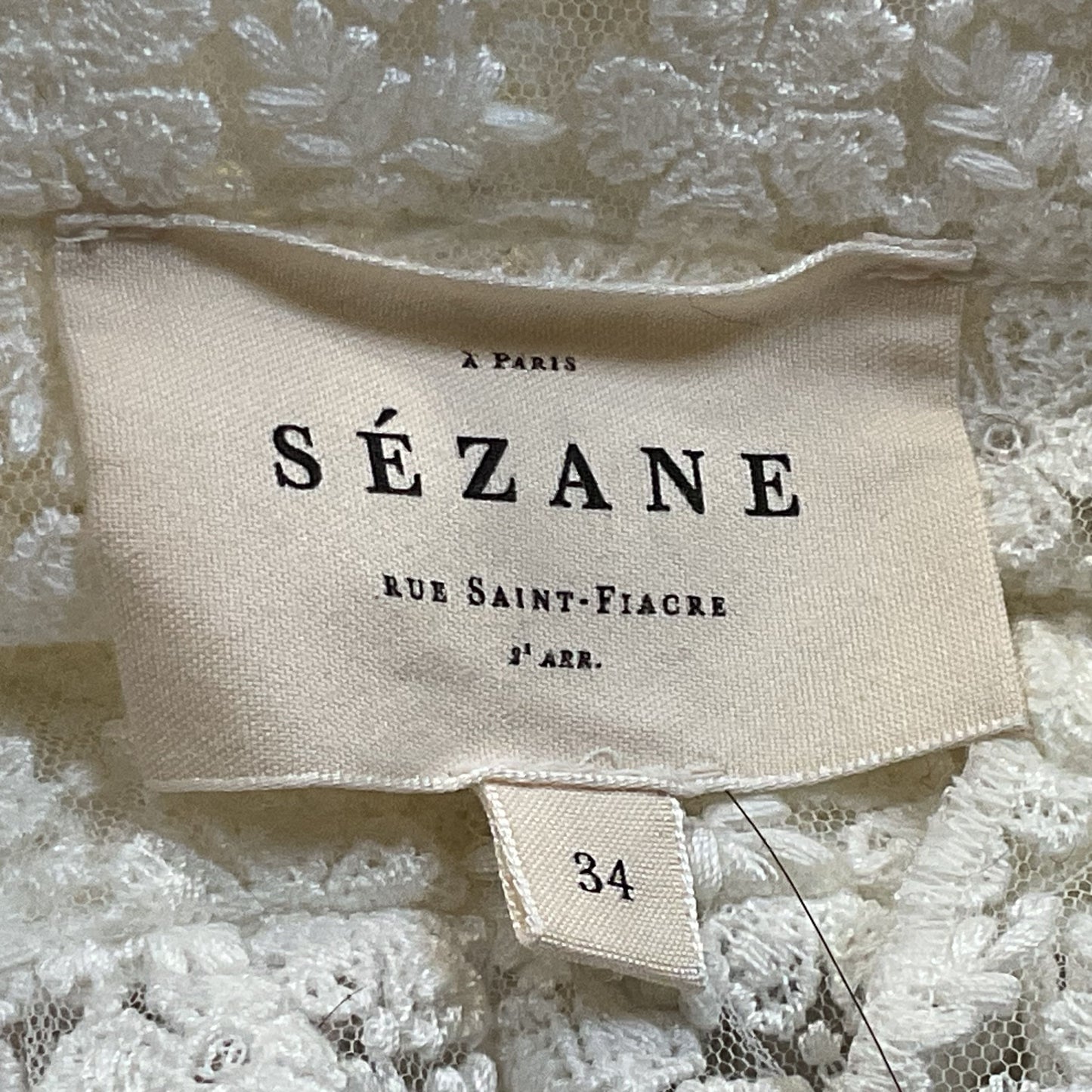 SEZANE Women's White Floral Lace Funnel Neck Long Sleeve Button-Up Blouse- SZ 34